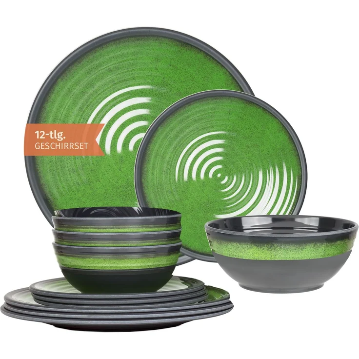Moritz Camping Tafelgeschirr aus Melamin für 4 Personen 12-teilig | spülmaschinenfest | Picknick Geschirrset | Geschirr Campinggeschirr I Stone Green Design – Bild 1