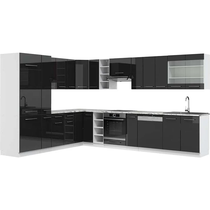 Eckküche Fame-Line Anthrazit Hochglanz/Weiß 347 x 257 cm, AP Marmor Vicco – Bild 1