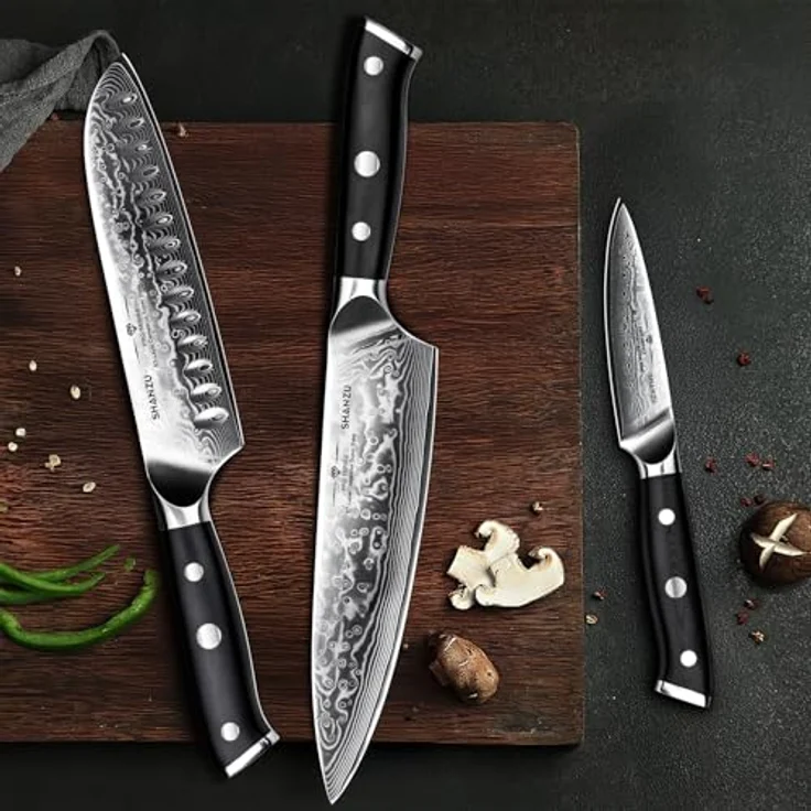SHAN ZU Damastmesser-Set, 3-teilig japanisches Superstahl-Damast-Küchenmesser-Set, hochkohlenstoffreiches professionelles ultrascharfes Kochmesser-Set mit G10-Griff Geschenkbox – Bild 9