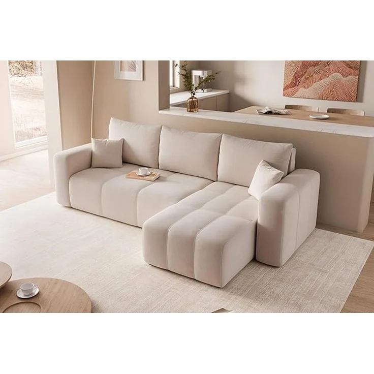 Ecksofa mit Schlaffunktion und Bettkasten 248 x 145 cm Creme – Bild 4