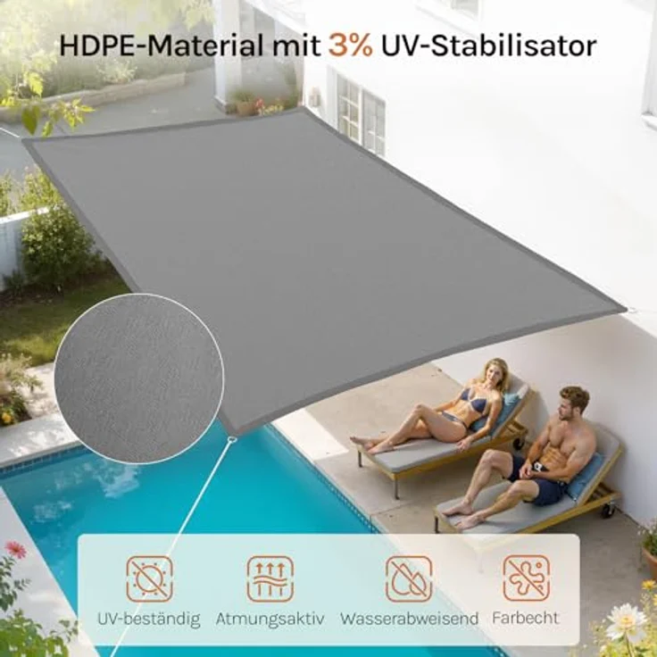 Woltu Sonnensegel Sonnenschutz HDPE Windschutz UV Schutz Grau 3x5 m – Bild 6