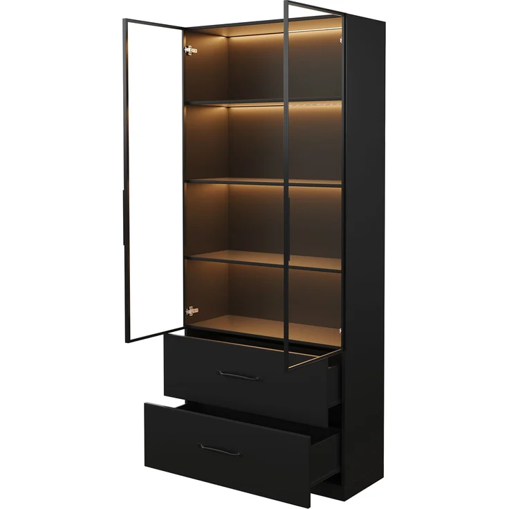 ZUBALIYA LED-Vitrine 60×40×160 cm - Glasvitrine, Bücherregal und Multifunktionsschrank mit Beleuchtung und Schubladen, mit Aluminiumrahmen, Hartglastüren und sanft schließenden Scharnieren, mehrfarbige LED – Bild 9