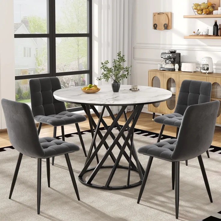 5-teilig mit rundem Esstisch Ø80 cm & 4 Samtstühlen – Modernes Esszimmer-Set mit Marmormuster Tischplatte & Metallgestell