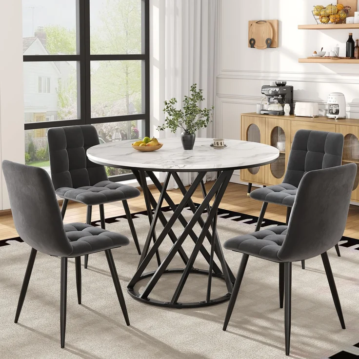 5-teilig mit rundem Esstisch Ø80 cm & 4 Samtstühlen – Modernes Esszimmer-Set mit Marmormuster Tischplatte & Metallgestell – Bild 1