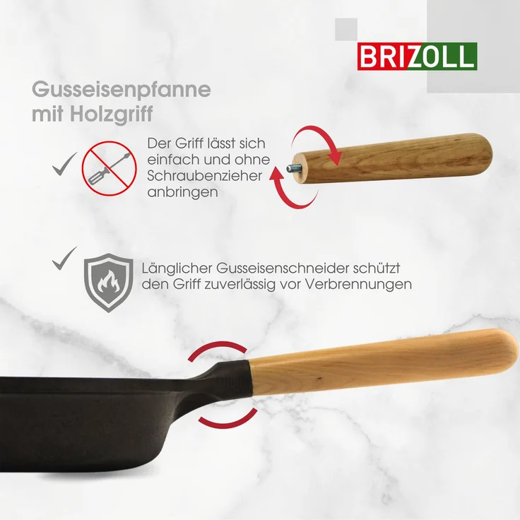 Ø26cm 54mm tief Gusseisenpfanne BRIZOLL Bratpfanne aus Gusseisen Eisenpfanne Gusspfanne rund mit Holzgriff von 4big. fun INDUKTION für alle Herdarten – Bild 6