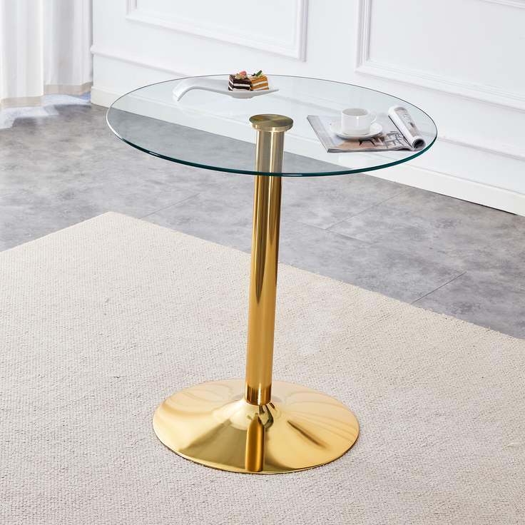 Bartisch 89x89x92 cm aus Glas und Metall, transparent, goldfarben, mit runder Glasplatte