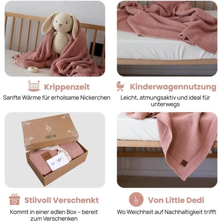 Babydecke Baby Strickdecke, %100 Bio Baumwolle, Atmungsaktiv, 80x100cm, Rosa, Little Dedi – Bild 3