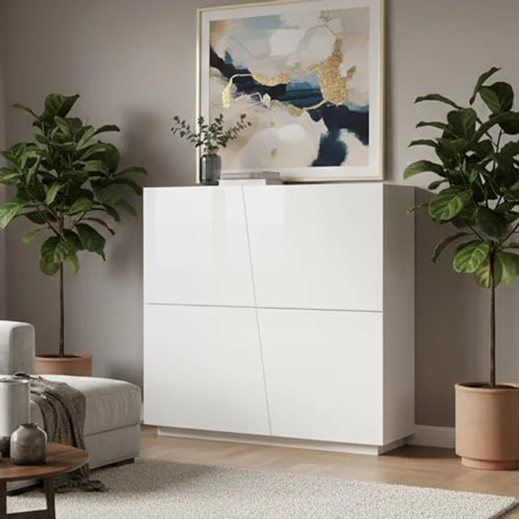 Dmora - Kommode Pavel, 4-türiges Küchen-Sideboard, Wohnzimmer-Buffet, 100 % Made in Italy, 120 x 43 x 126 cm, glänzendes Weiß, – Bild 2