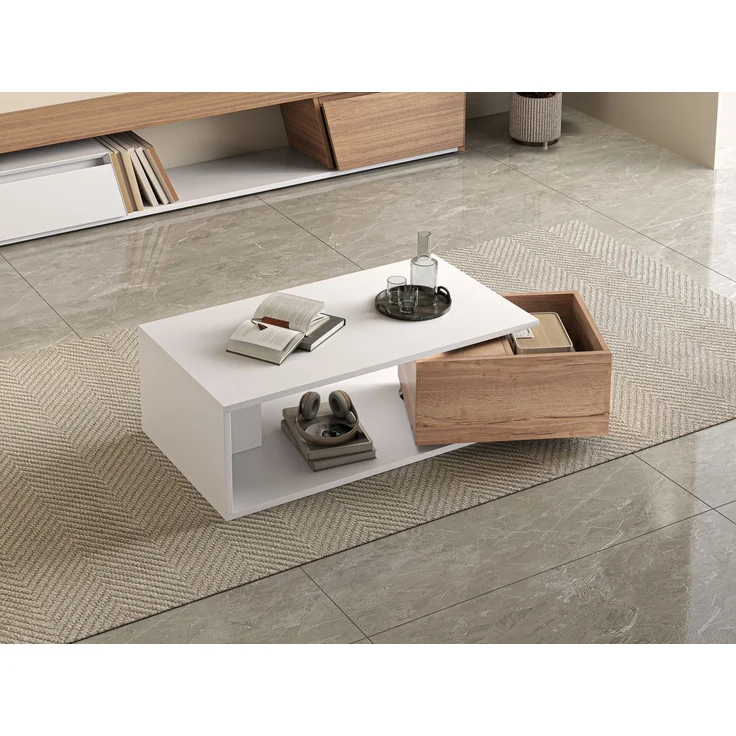 Couchtisch, MDF mit 1 Schublade & 360° Drehfunktion, 90x50x30 cm, Weiß + Holzfarbe – Bild 3