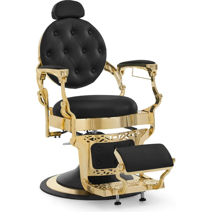 BarberPub Friseurstuhl mit Kopfstütze Kippbar, Friseureinrichtung mit Hydraulikpumpe 360° Drehbar, Höhenverstellbarer Bedienungsstuhl mit Vintage Stil, Kunstleder, 2933GD-F (Gold-Schwarz)