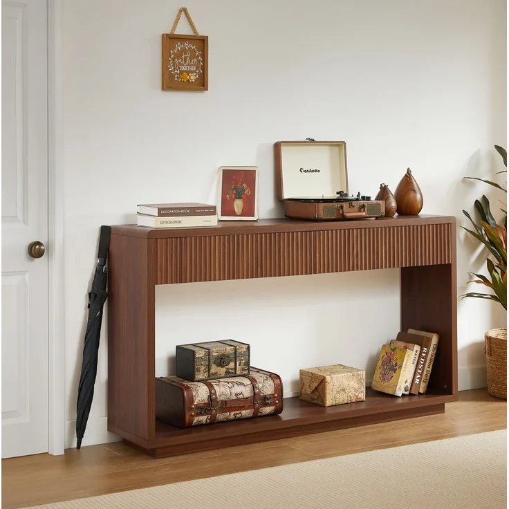 DESVIAE Sideboard Nussbaum aus Spanplatte/MDF – 150x85x35 cm – 2 Schubladen, offenes Ablagefach – Bild 2