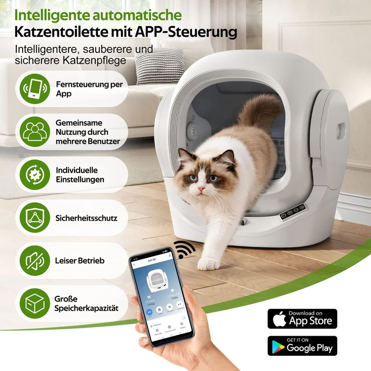 Intelligente automatische Katzentoilette mit App-Steuerung, 68L Großraum, 8L Abfallbehälter, Aromabox, Infrarot-Sicherheit, für 1–2 Katzen, selbstreinigend, leise, kindersicher--Weiß--53x45.5x56.5cm--YOUDENOVA – Bild 3