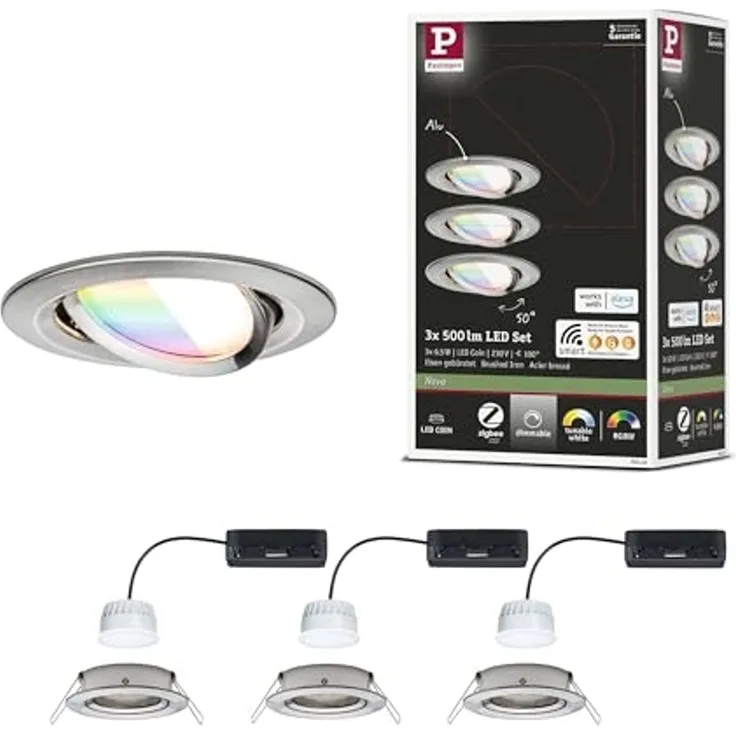 Paulmann 92434 LED Einbauleuchte Nova Coin 3er-Set Zigbee RGBW Eisen gebürstet