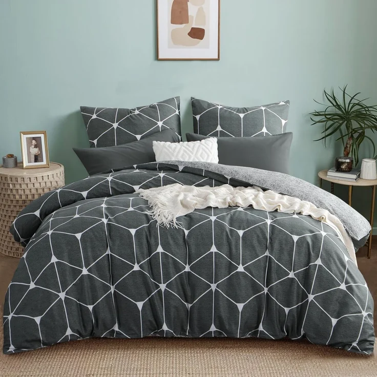 RUIKASI Bettwäsche 200x220 Baumwolle 3 teilig Anthrazit - Baumwollbettwäsche 200 x 220 mit Geometrie Muster, Bettbezug Set 220x200 Cotton mit Reißverschluss