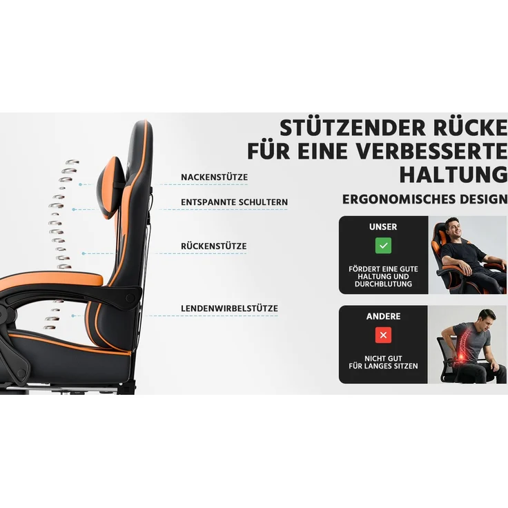 Gaming-Stuhl, PVC-Leder, ergonomisch, mit verstellbarer Rückenlehne & Fußstütze, 58,5x63x120,5 cm, Schwarz+Orange – Bild 9