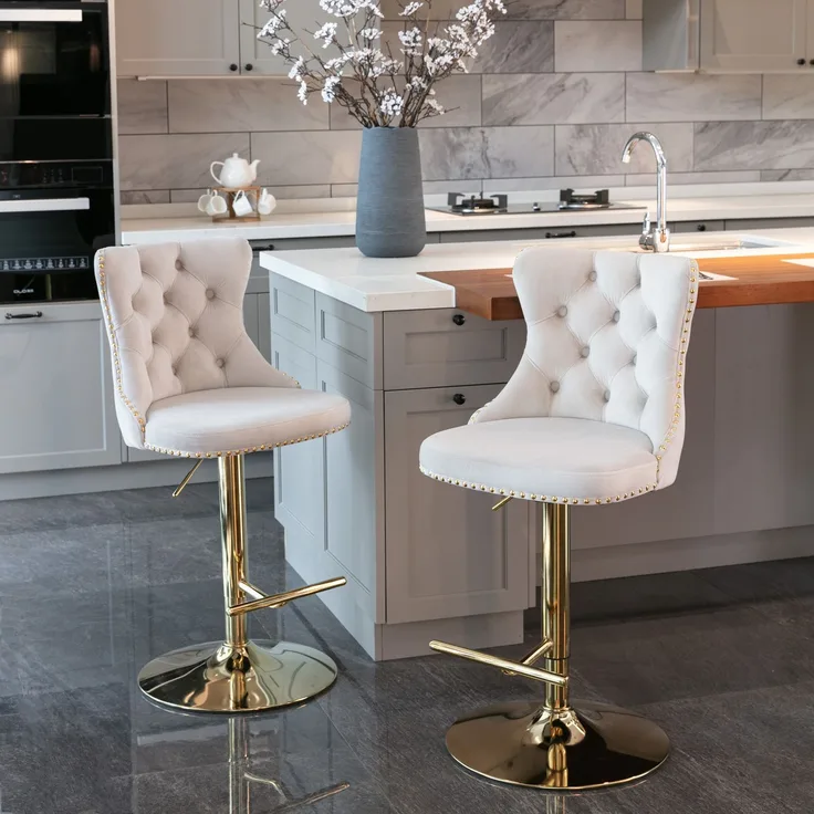 Velvet Swivel Bar Stools,Adjustable Height 25-33 Inches Counter Bar Chairs with Tufted Button Back & Gold Nailhead Trim, Gold Base Upholstered Barstools for Kitchen Island Home Pub Cafe,Beige,DE1912BG--Beige--46x46x115cm--YOUDENOVA