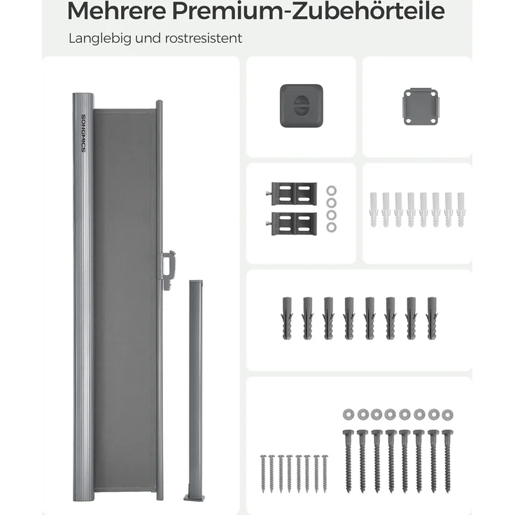 SONGMICS Alu-Seitenmarkise, ausziehbar, 180x350 cm, Blickdicht, Sonnenschutz, blickdicht, Seitenrollo, für Balkon, Terrasse, Garten, grau GSA185G01 – Bild 8