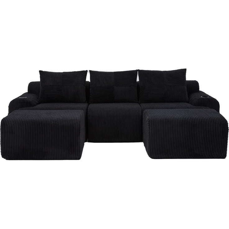 Sofa 3-Sitzer 268x174x80 cm mit schwarzer Cord-Sitzfläche, modular, Cupholder und Seitentasche – Bild 7