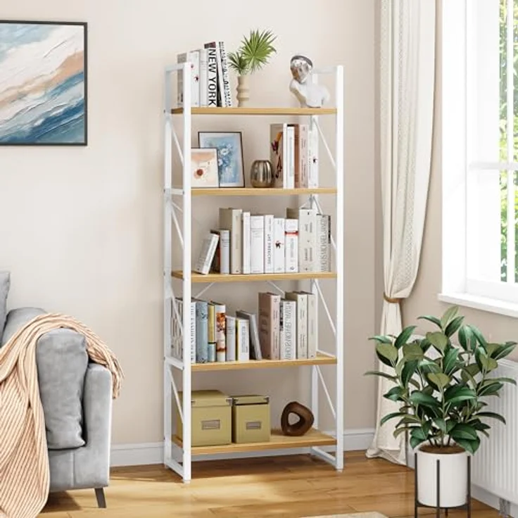 YITAHOME Bücherregal, Standregal mit 5 Ebenen, Hohes Lagerregal mit Metallrahmen, Industrielles Ausstellungsregal, Regaleinheiten, für Wohnzimmer, Schlafzimmer, Homeoffice, Küche, Weiß und Eiche Regal – Bild 8