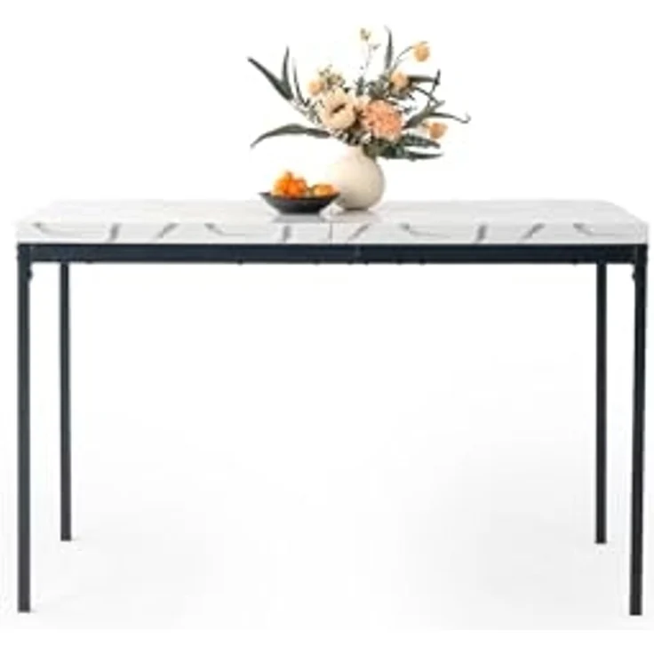 FurnitureR Garten-Bartische aus weißem Marmorimitat, für 4 bis 6 Personen, Dicke Holzplatte mit Metallstruktur, für Terrasse, Terrasse, Esszimmer, Garten, 120 x 70 x 75 cm – Bild 3