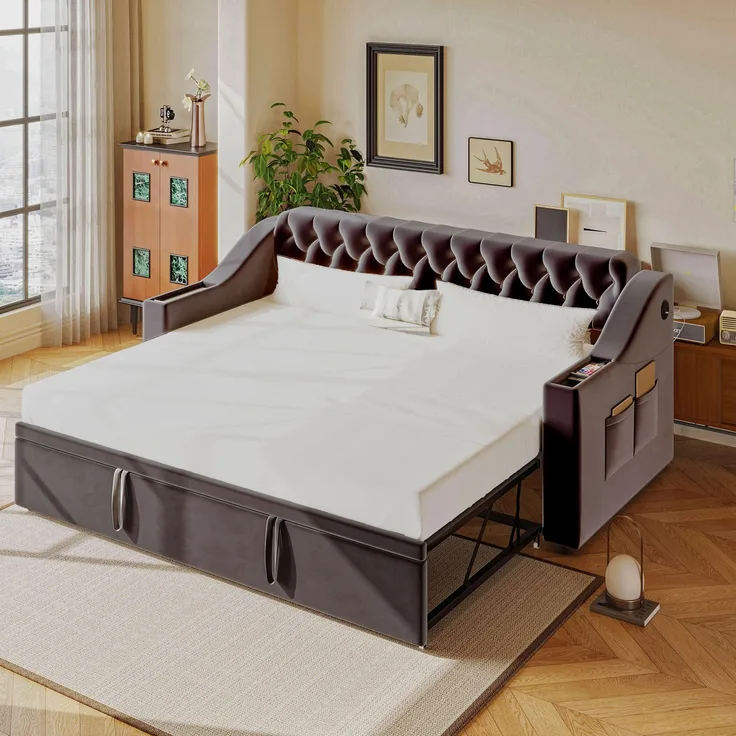 Schlafsofa Polsterbett, 2-Sitzer auf 90/180 x 190 cm erweiterbar, mit breiten und dicken Armlehnen, USB-Ladeanschluss, integrierte Ablage in Armlehnen, Ablagetaschen, mit Lattenrost, Samtstoff, dunkelgrau, 90/180 x 190 cm