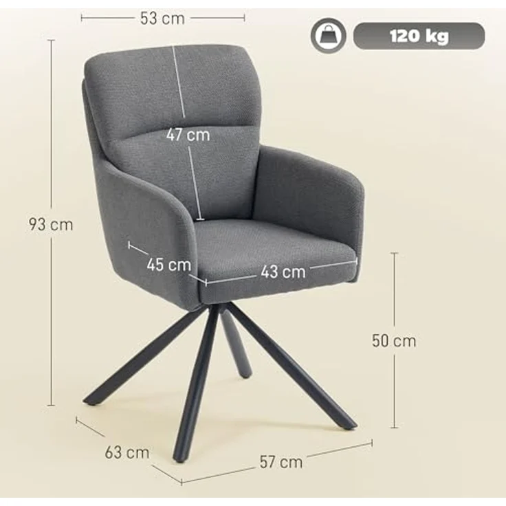 HOMCOM Esszimmerstuhl mit Leinenbezug, Armlehne, Rückenlehne, ergonomisch (360° Drehbar Küchenstuhl, 1 St), für Esszimmer Wohnzimmer, Grau – Bild 3