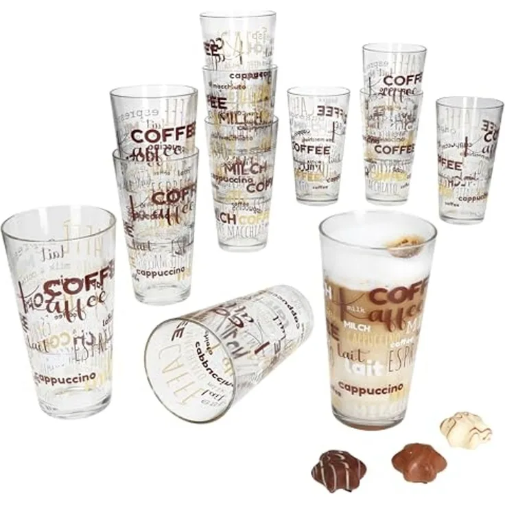 MamboCat Latte-Macchiato-Glas 12x Candy Latte Macchiato Gläser 380ml Schrift-Dekor stapelbar, Glas