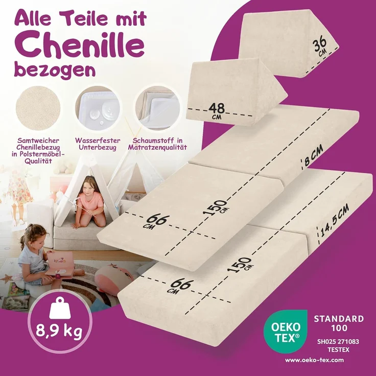 Linodino Kindersofa Spielsofa I aus Schaumstoff Bausteine I Spielcouch für Kinder, Wasserfeste Unterbezüge, Waschbare Chenille Bezüge 30° – Bild 5