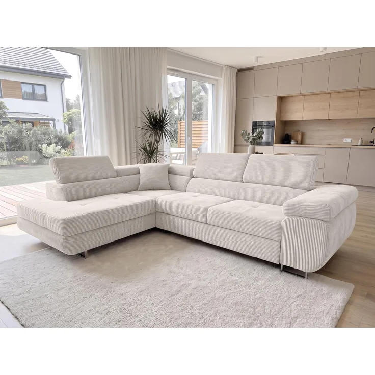 AX LIVING Konak Cord-Ecksofa L Cremeweiß 276 cm breit mit Bettkasten & Kopfstützen