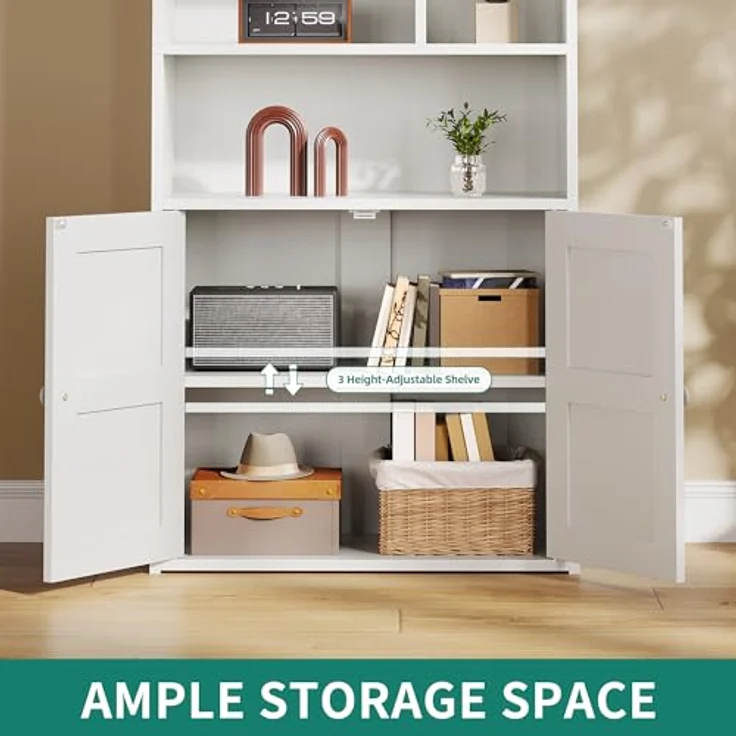 YITAHOME 4-stöckiges Bücherregal mit Türen und Schrank, freistehendes Bücherregal mit offenen Fächern für Zuhause, Büro, Wohnzimmer und Schlafzimmer, Weiß, 60 x 30 x 159 cm – Bild 4