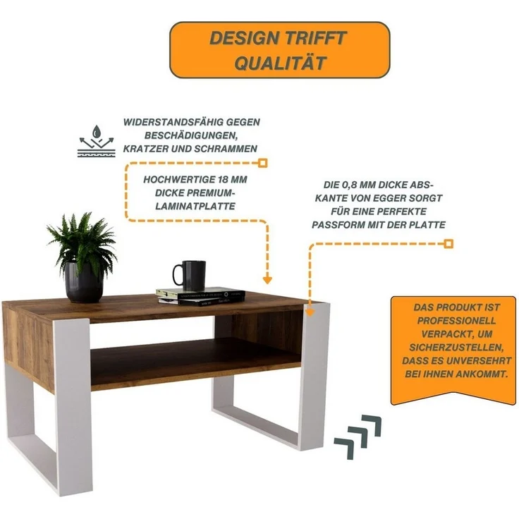 CraftPAK Couchtisch Wohnzimmer Tisch für Couch - mit zusätzlicher Ablagefläche – Bild 2