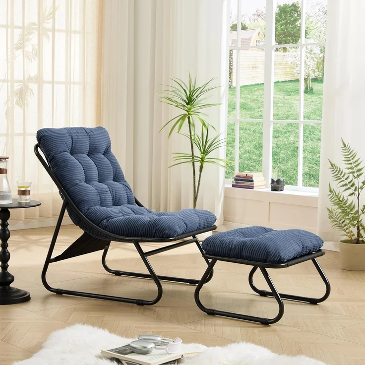 LVHOM Sessel mit Hocker, Gepolsterter Loungesessel aus Cord mit Metallgestell, ergonomischer Relaxsessel für Wohnzimmer und Schlafzimmer, Dunkelblau – Bild 7