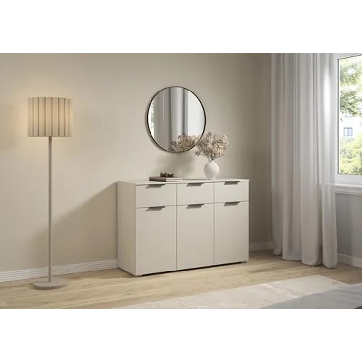 Rauch Möbel Alabama, Kommode für Schlafzimmer, Kinderzimmer, Garderobe, Flur, 3-türig, mit 3 Schubladen, Soft-Close-Funktion, Farbe Beige, Griff Grau metallic, Schwarz, Maße 120 x 81 x 42 cm – Bild 2
