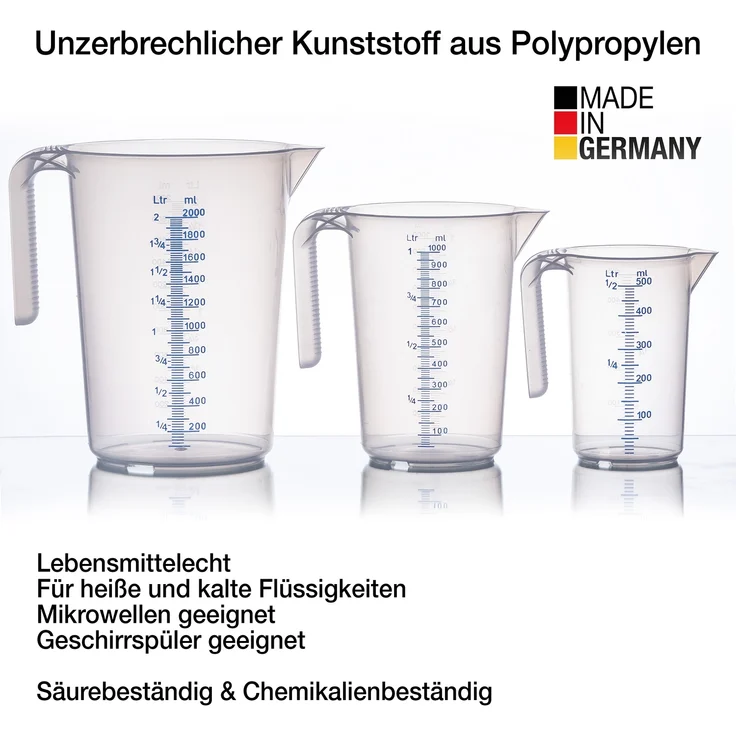 BigDean Messbecher-Set - 3 Größen: 500ml, 1L, 2L - bruchsicher, temperaturbeständig, farbige Skala transparent & blau - aus PP-Kunststoff lebensmittelecht - Made in Germany – Bild 3