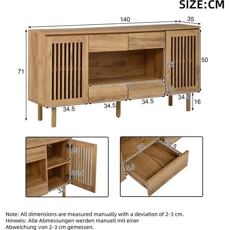 ZUBALIYA Sideboard 140x35x71 cm, mit 4 Schubladen, aus MDF, Natur – Bild 4