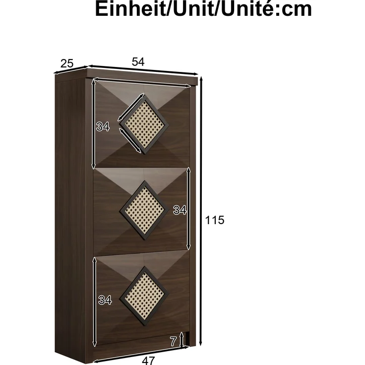Schuhschrank, Holzoptik mit Rattan-Dekor & 3 Klappfächern, 54x25x115 cm, Walnussfarbe – Bild 10