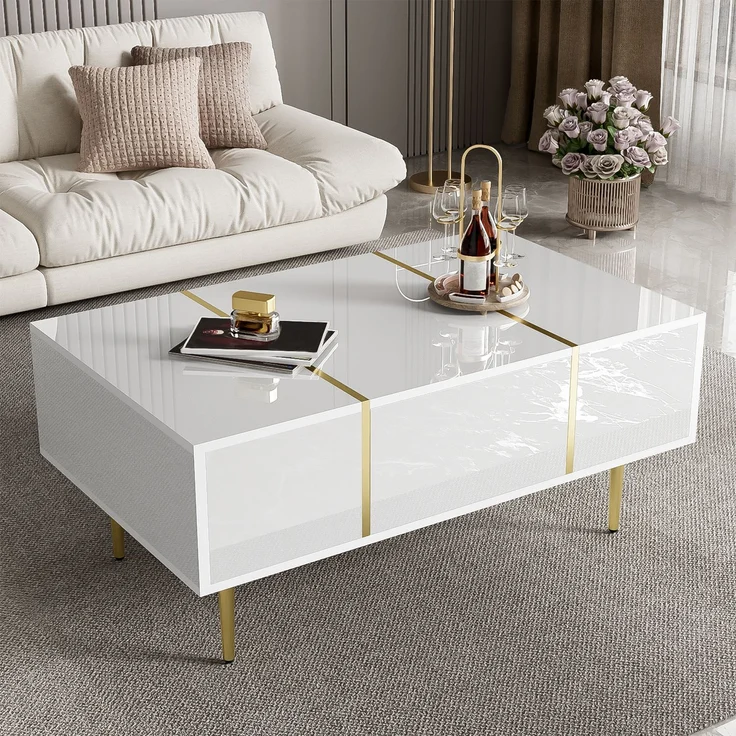 Couchtisch 100 x 60 x 41,5 cm, mit Schubladen, aus MDF, als Ablage für Getränke und Bücher im Wohnzimmer, Weiß – Bild 2
