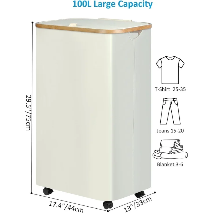 XL Wäschekorb mit Rollen 100L Bambus Deckel Herausnehmbar Waschbar Beige – Bild 2