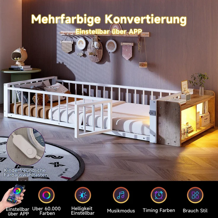 Kinderbett mit LED-Streifen, Regal, Zaun, Lattenrost und Tür, 90x200 cm, Einzelbett mit Rausfallschutz, Metallbett – Bild 4