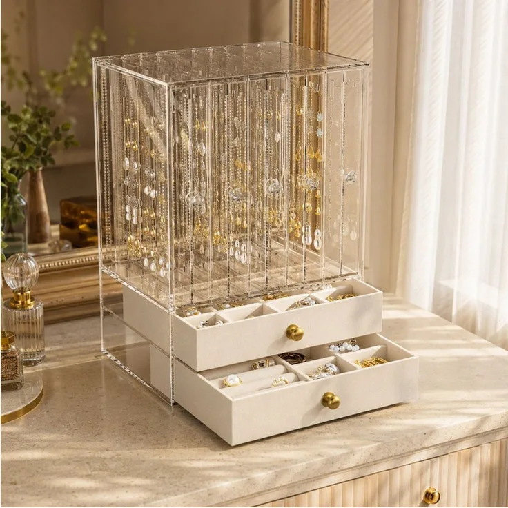 Luckice Make-Up Organizer Großer Schmuckkasten mit Glasfenster für Damen, Set, Transparentes Material, Praktisches aufgeteiltes Innenlayout