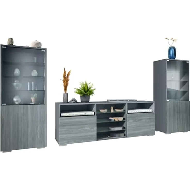 Vladon Wohnwand, Anthrazit, 2 Vitrinen & TV-Board, 286x122.5x35 cm, Made in Germany
