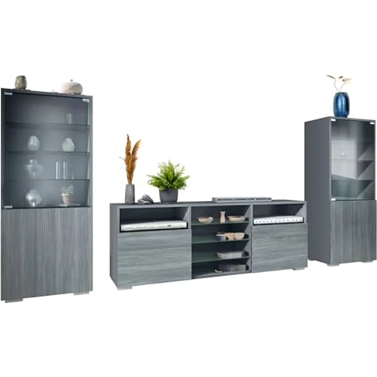 Vladon Wohnwand, Anthrazit, 2 Vitrinen & TV-Board, 286x122.5x35 cm, Made in Germany – Bild 1
