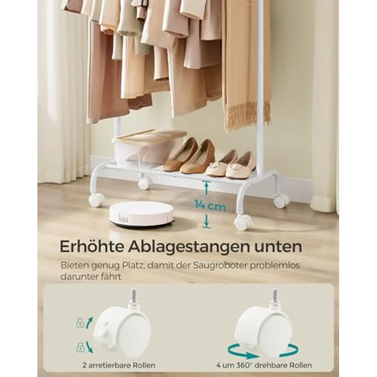 SONGMICS Kleiderständer auf Rollen, ausziehbare Kleiderstange, Garderobenständer aus Stahlrohren, erhöhte Ablagestange, 40 x (83-120) x 156 cm, wolkenweiß HSR134W01 – Bild 6