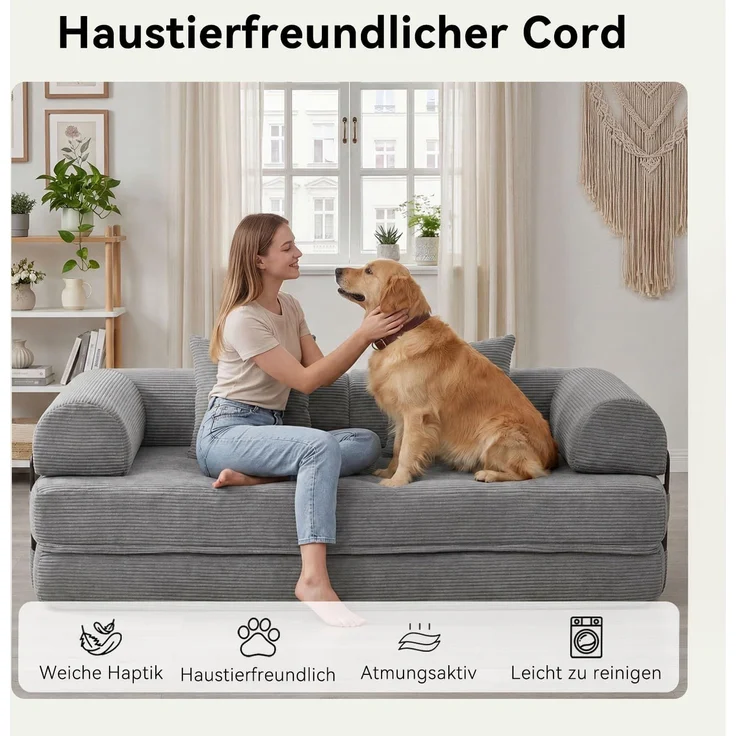 Aoxun Kordstoff Schlafsofa 200×97×70cm, 5-in-1 Umwandelbares Bodensofa, Hochdichter Schaumstoff, Haustierfreundlich, Keine Montage, Grau – Bild 4