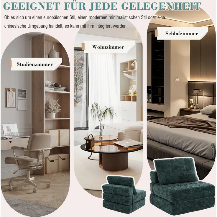 LVHOM Schlafsofa mit Schlaffunktion und Kissen, tragbares Klappsofa mit Rückenlehne, bis 200kg, für Wohnzimmer Büro, Grün – Bild 4