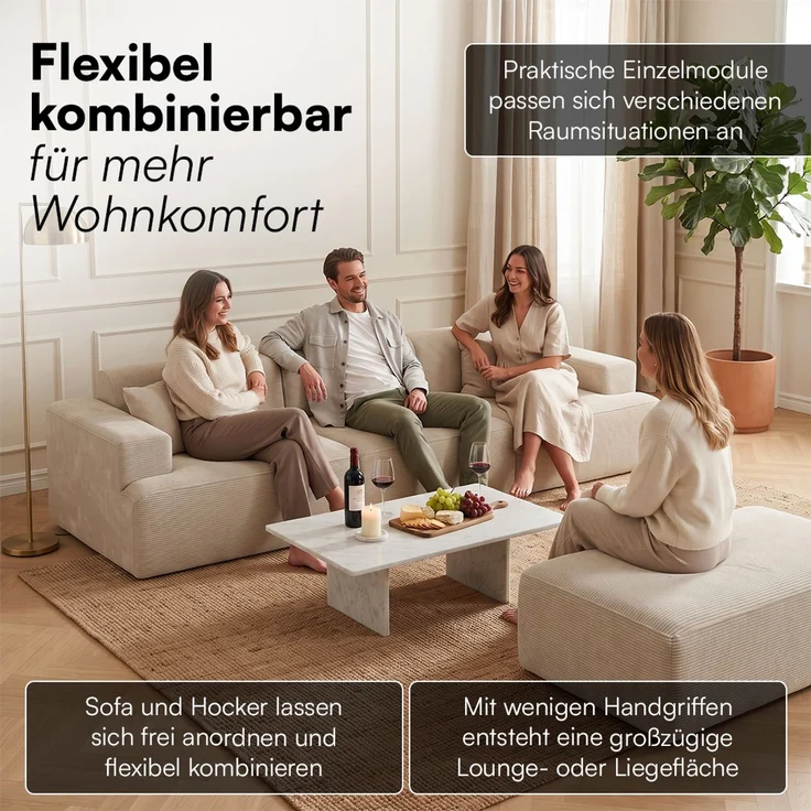 skølm 'Freki' Cloud Sofa 3 Sitzer mit Hocker, Vollschaumcouch mit Federkern und Vakuum-Kompression, kein Aufbau erforderlich, mit 3 Kissen, Cord beige – Bild 8