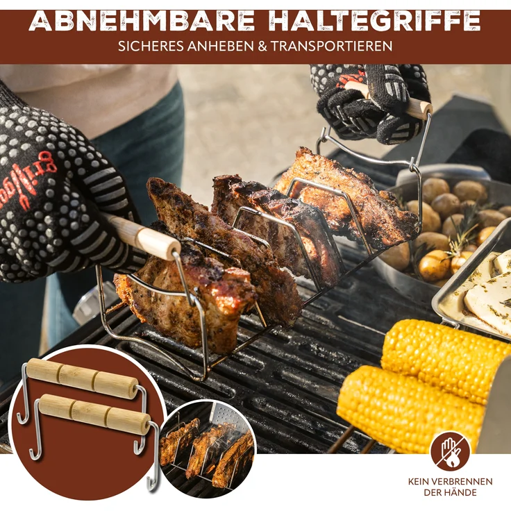 2in1 Spare Ribs- und Bratenhalter 2er Set, Rippchenhalter mit Tragegriffen, aus rostfreiem Edelstahl – Bild 5
