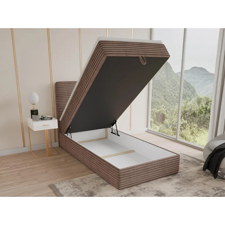 Boxspringbett Mollo Mini mit Bettkasten und Matratzentopper - Einzelbett mit Bonell-Matratze und Topper, Polsterbett in weichem Cordstoff, Bett, Schlafzimmer (Braun (Tilia 17), 80 x 200 cm) – Bild 4
