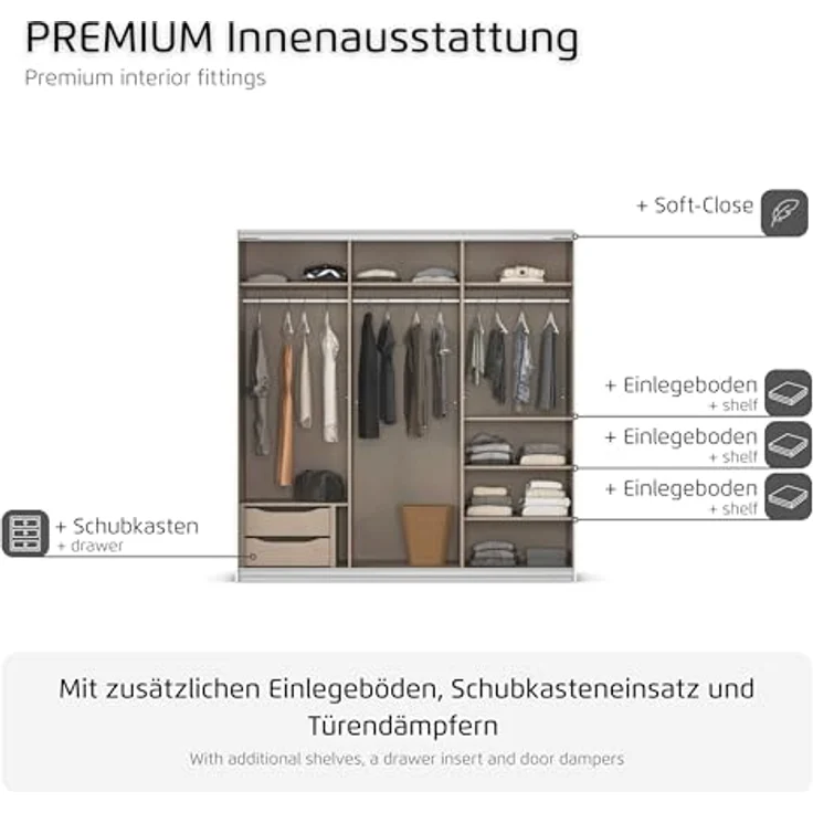 Rauch Möbel Kulmbach, Kleiderschrank mit Schwebetüren für Schlafzimmer, Kinderzimmer, Flur, 3-türig, mit Spiegel und Soft-Close-Funktion, Zubehör Premium, Farbe Grau metallic, Schwarz, Breite 203 cm – Bild 7