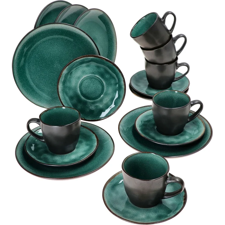 18tlg. Kaffeeservice Reactive Glaze Green Steingut Kuchen-Teller Tasse Mint-Grün – Bild 2